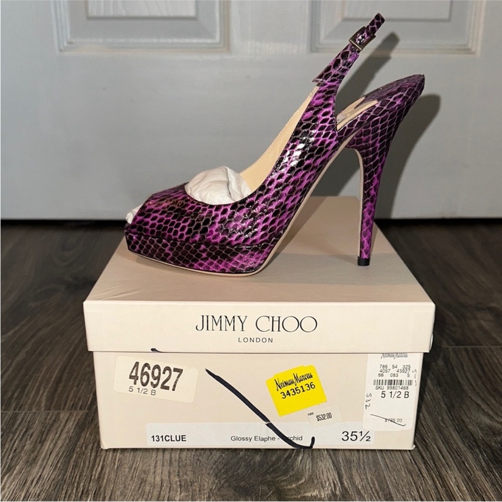 Elegant Jimmy Choo Glossy Elaphe Orchid Snake Print Women's Heels.